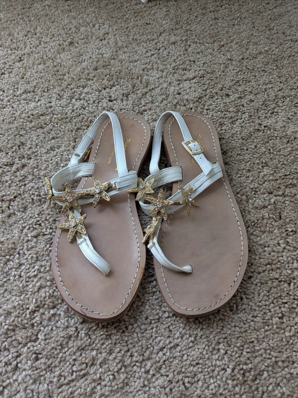 Women’s White Capri Sandal with Gold Starfish Accents - Picture 1 of 4